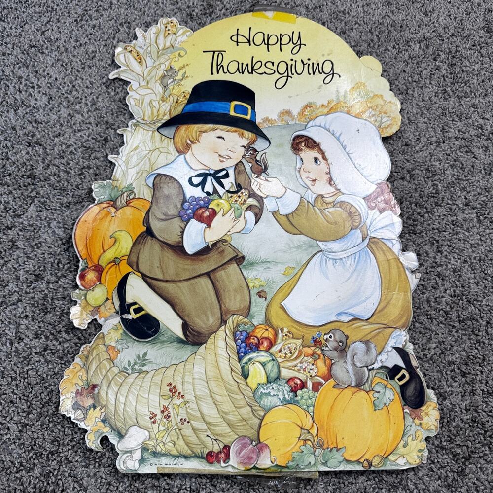 Vintage Thanksgiving Die Cut Decoration Pilgrim Cornucopia Squirrel 20"